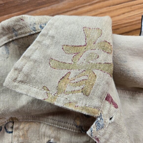Chico's Design Denim Jacket Size 2 Women's Medium Beige Oriental Print Stretch - Picture 5 of 10